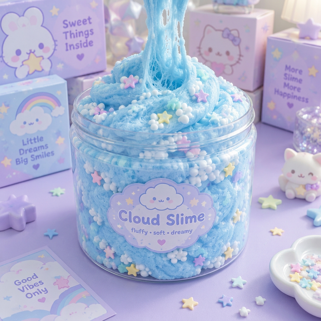 A jar of fluffy blue cloud slime with foam beads