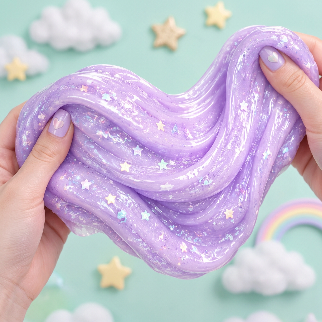 Purple glitter slime stretched between two hands