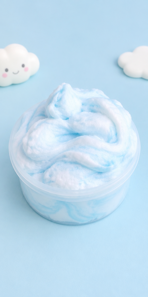 A container of fluffy pastel cloud slime