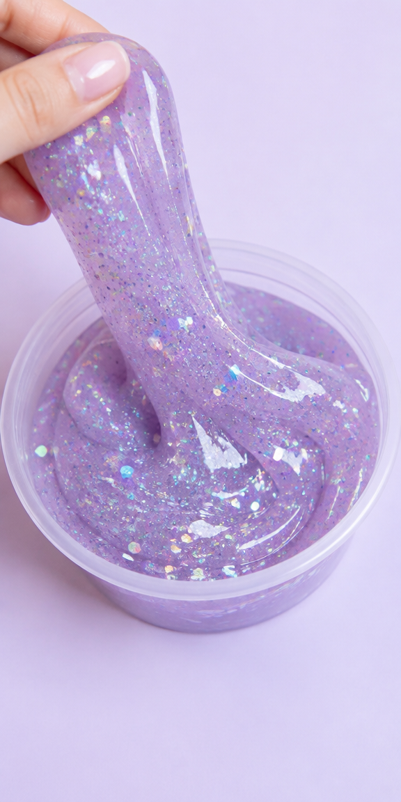 A jar of sparkling purple glitter slime